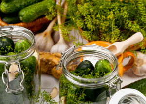 słoiki z ogórkami i przyprawami
